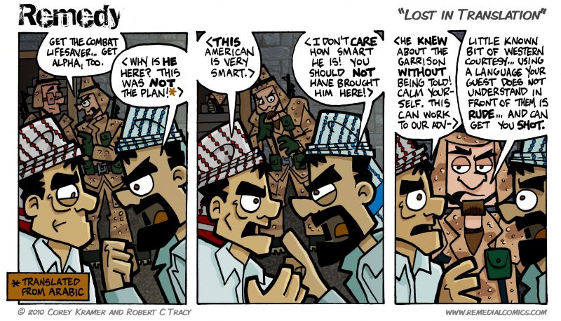 Remedy :: Don't you hate it when you're in a tense military situation with life and death on the line and the people you have to work with but don't really trust because you feel they are scheming behind your back to use you at best and betray you at worst start speaking to each other in a language you don't understand? That's just so rude!
